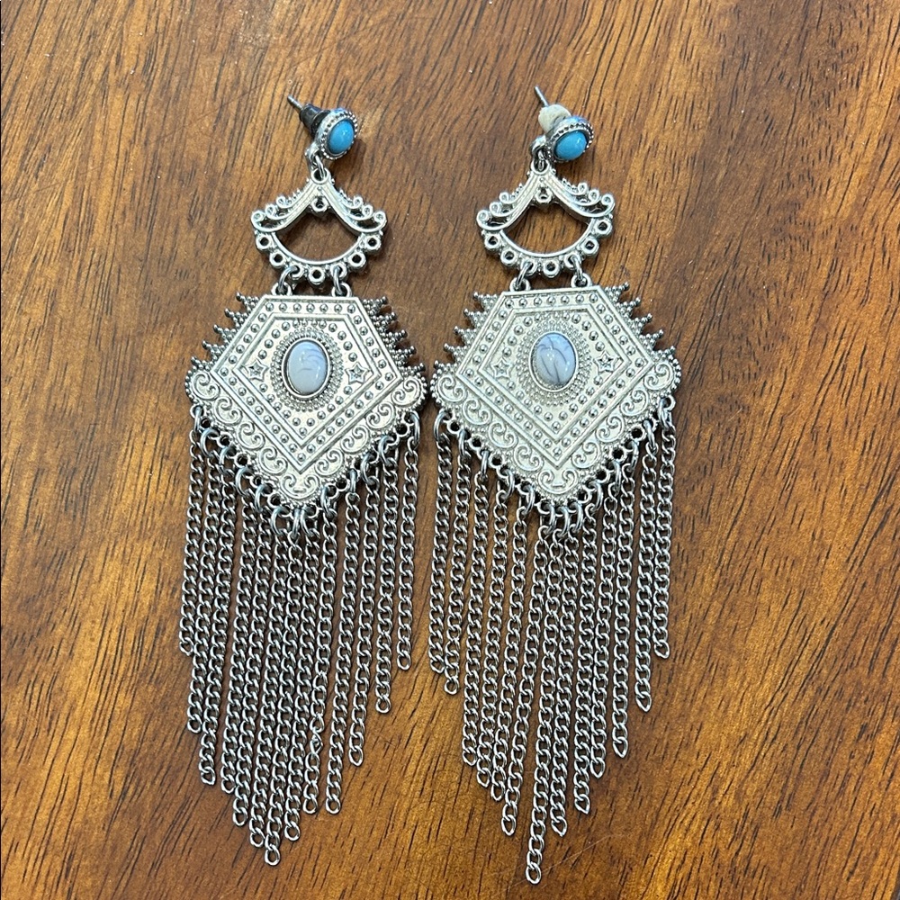Bohemian Silver Turquoise Color Dangling Earrings